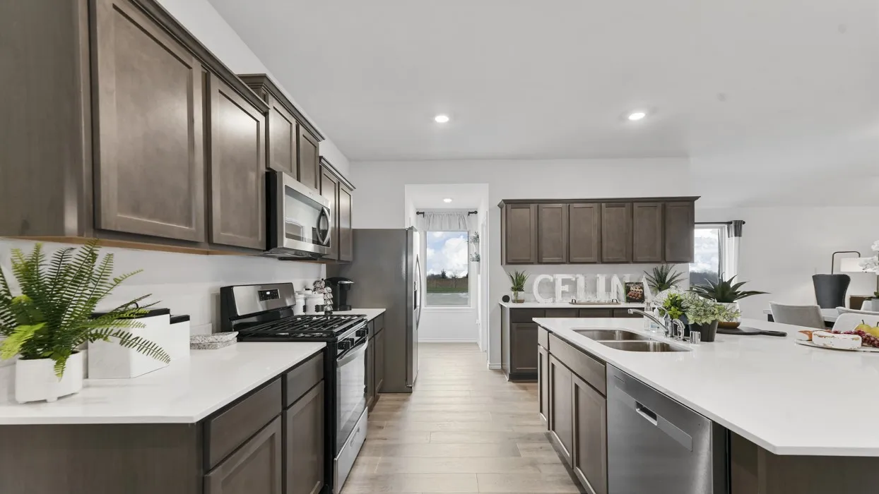 Open concept kitchen featuring dark wood-finish cabinetry, stainless steel appliances, white countertops, and wood-finish flooring