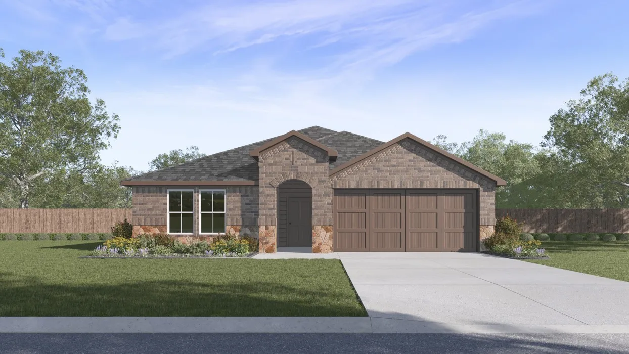 Brick and stone facade residence featuring an arched entryway, gabled roofline, two-car garage, and established landscaping