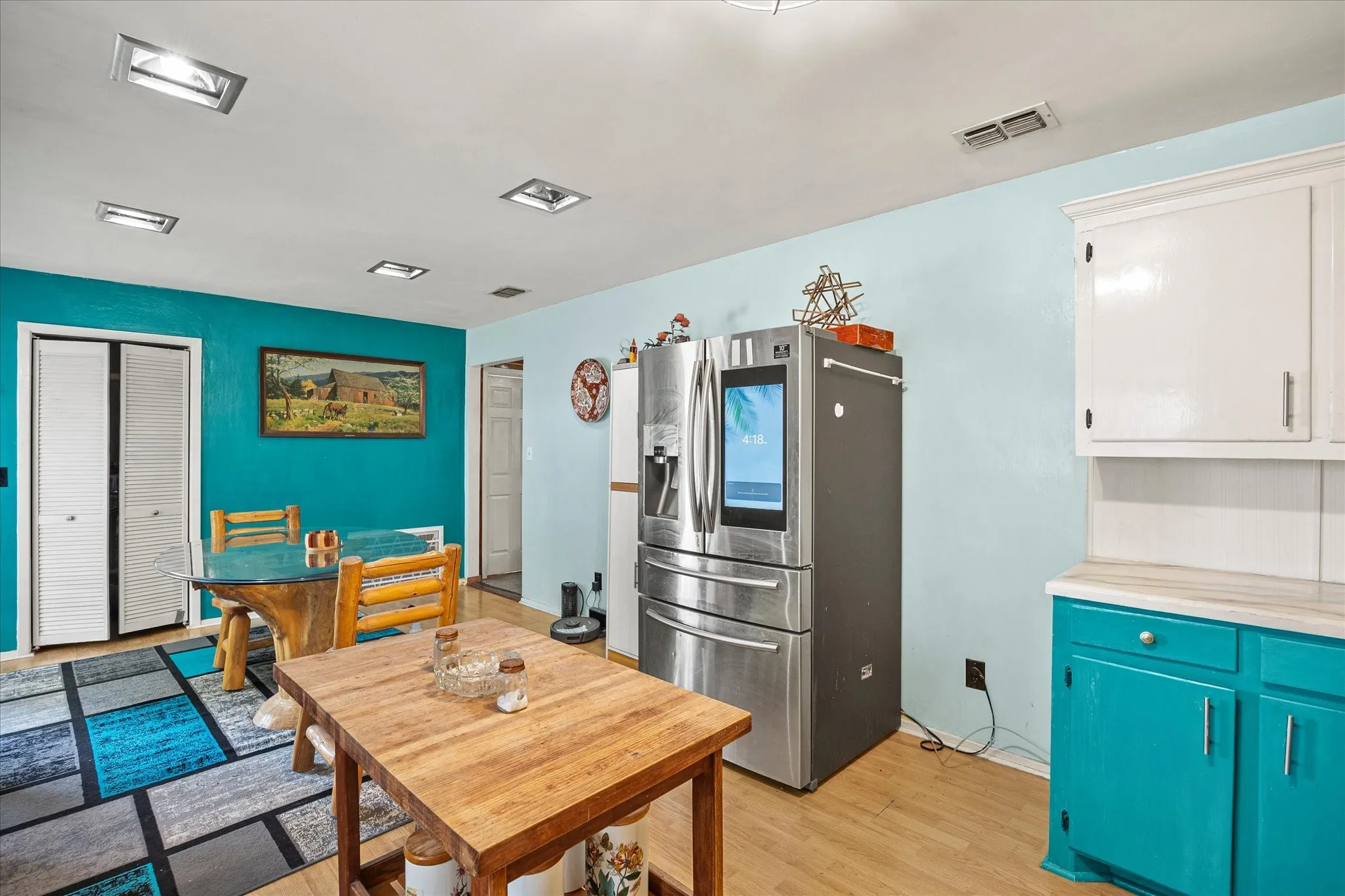 Wood-finish flooring with recessed ceiling lighting