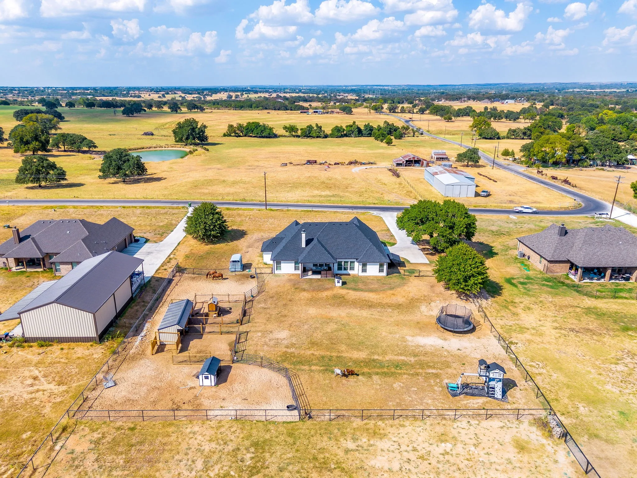 This view is great - you get a sense of the space dedicated for the animals - the perimeter fencing - and the gorgeous scenery all around, including the farm across the street.