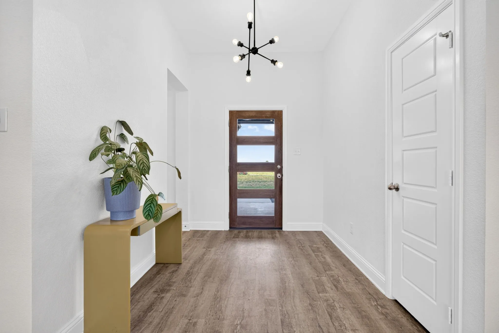 Nice, wide foyer with luxury vinyl plank flooring, natural light and coat closet; hallway leads to two bedrooms and a hall bath.