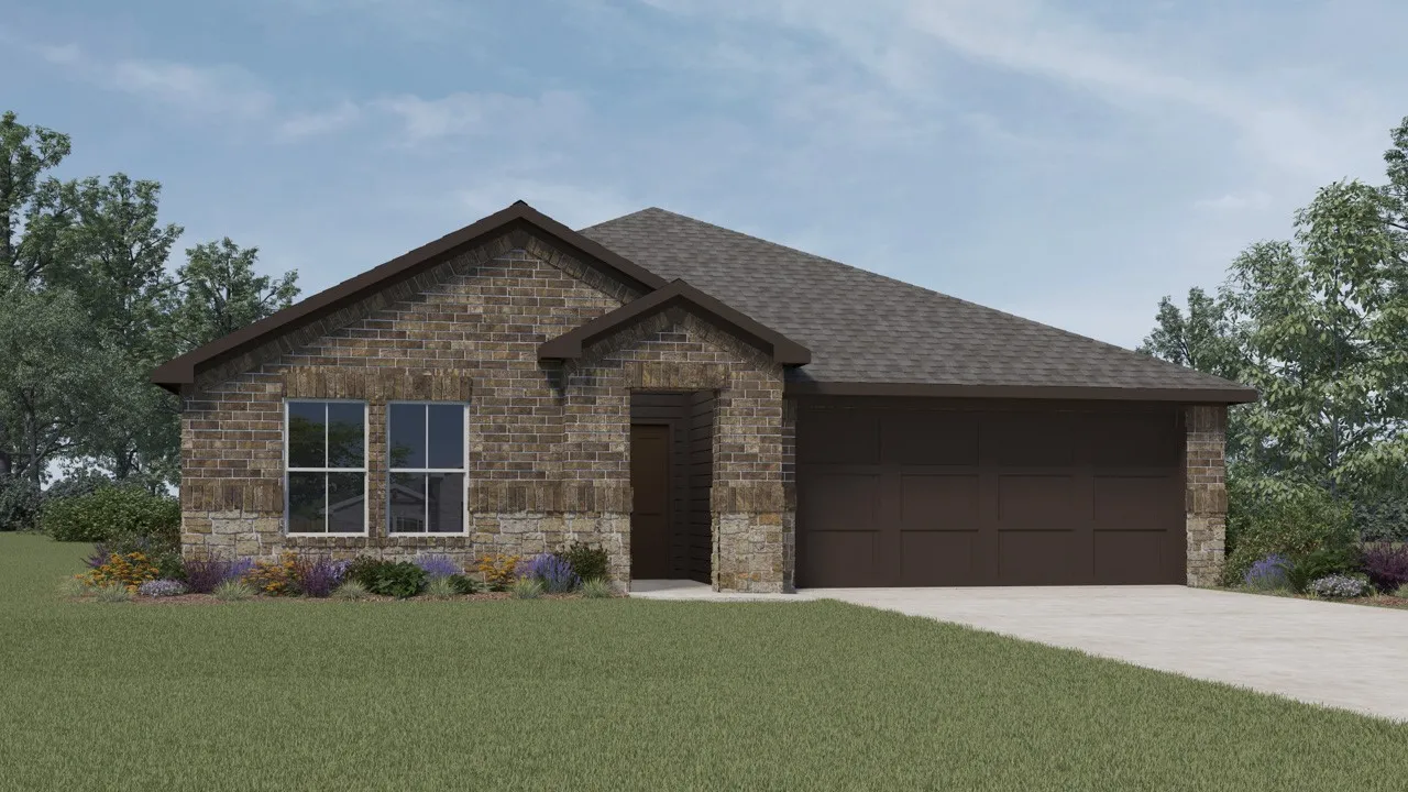 Brick and stone exterior, dual-pane windows, asphalt shingle roofing, and an attached two-car garage