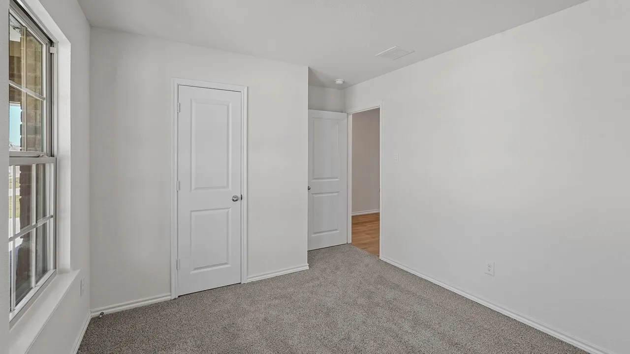 Gray carpet flooring, white walls, and a window with white trim