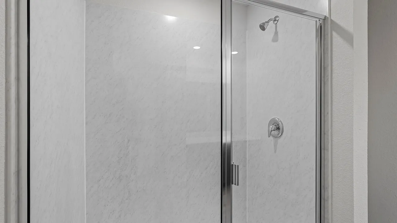 Frameless glass shower enclosure with chrome hardware