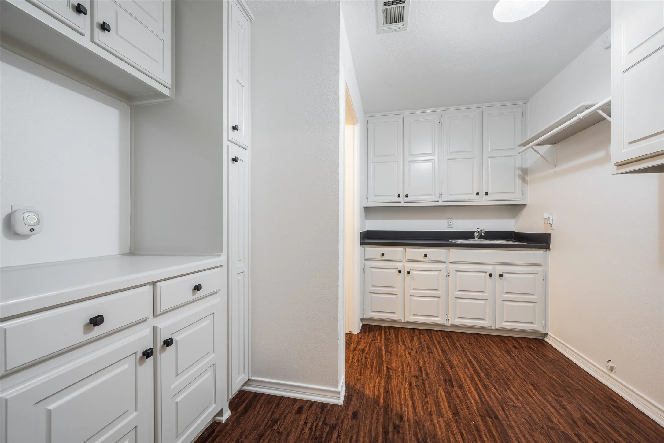 Spacious laundry room with lots of cabinets, sink and counter space.
