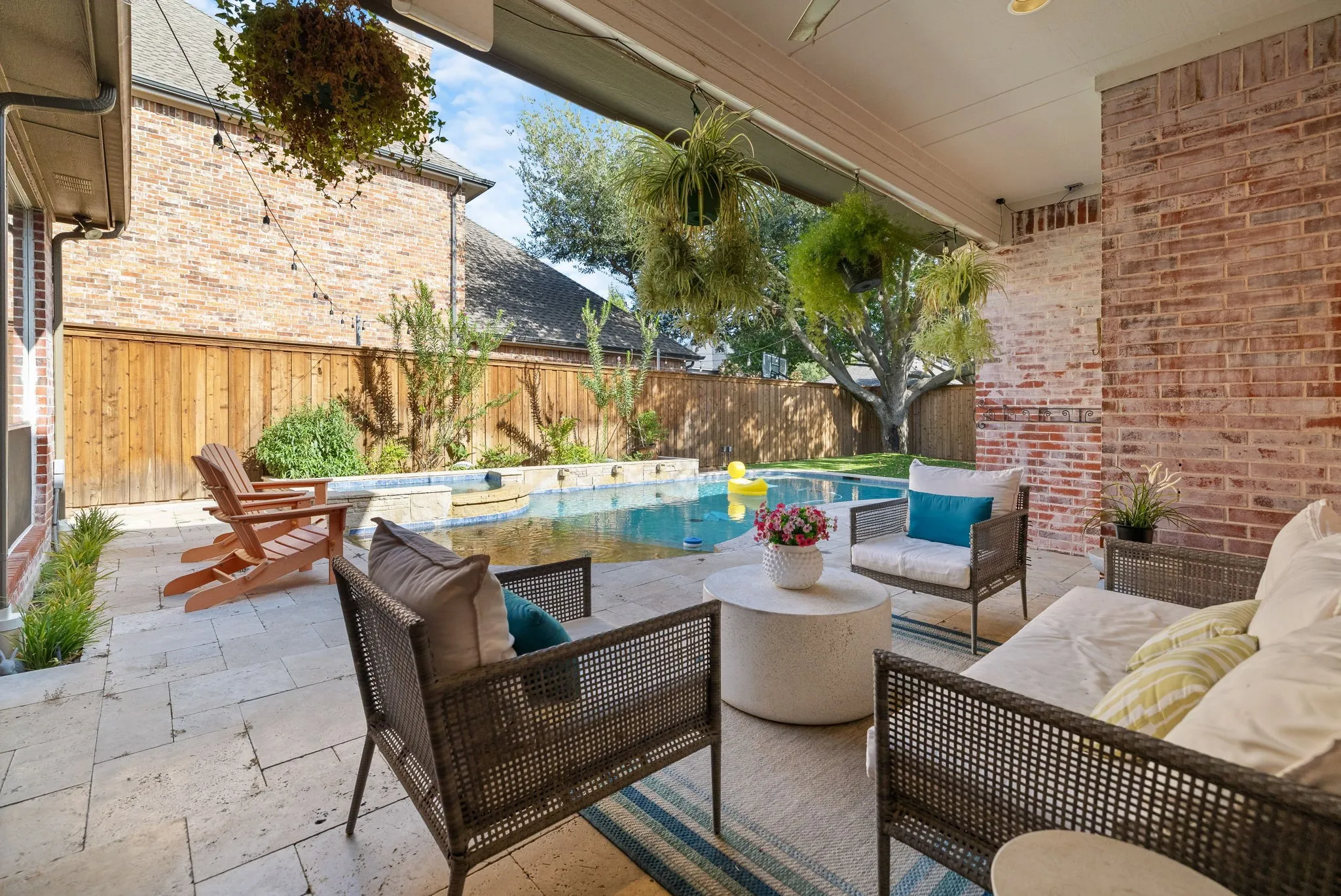 Unwind on the covered back patio with Bluetooth speakers.