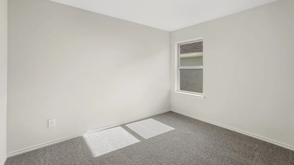 Gray carpeting and a window with white trim