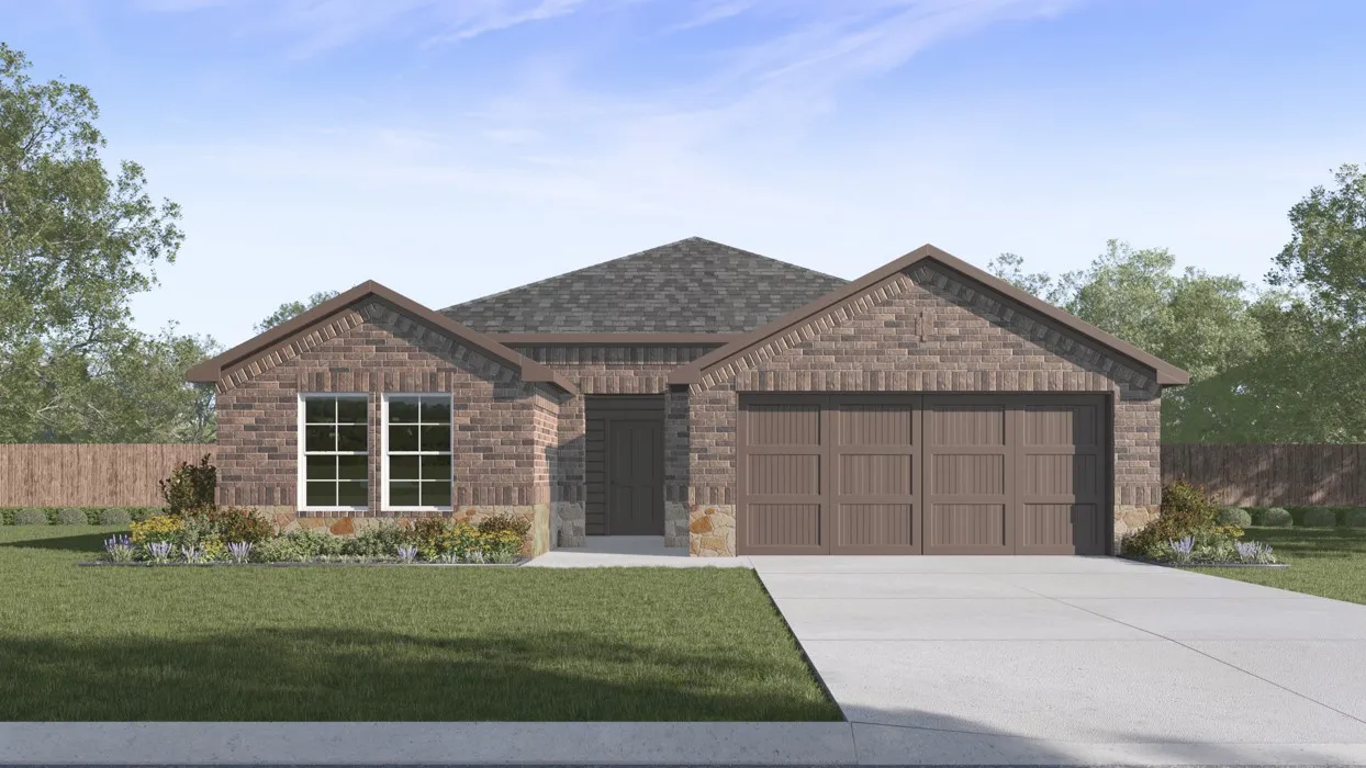 Brick exterior with stone accents and a gabled roofline