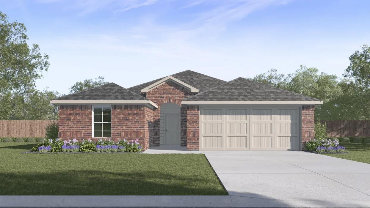 Brick facade with a pitched roofline, attached two-car garage, and established landscaping