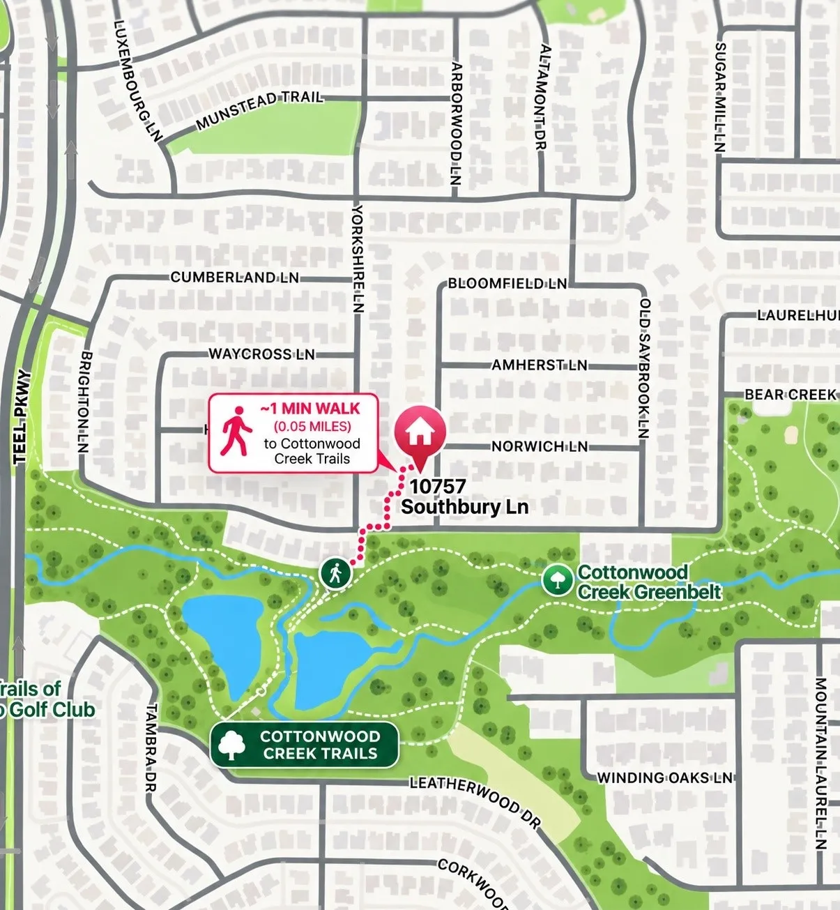 Map. Illustrating the location of the property at 10757 Southbury Ln relative to Cottonwood Creek Trails