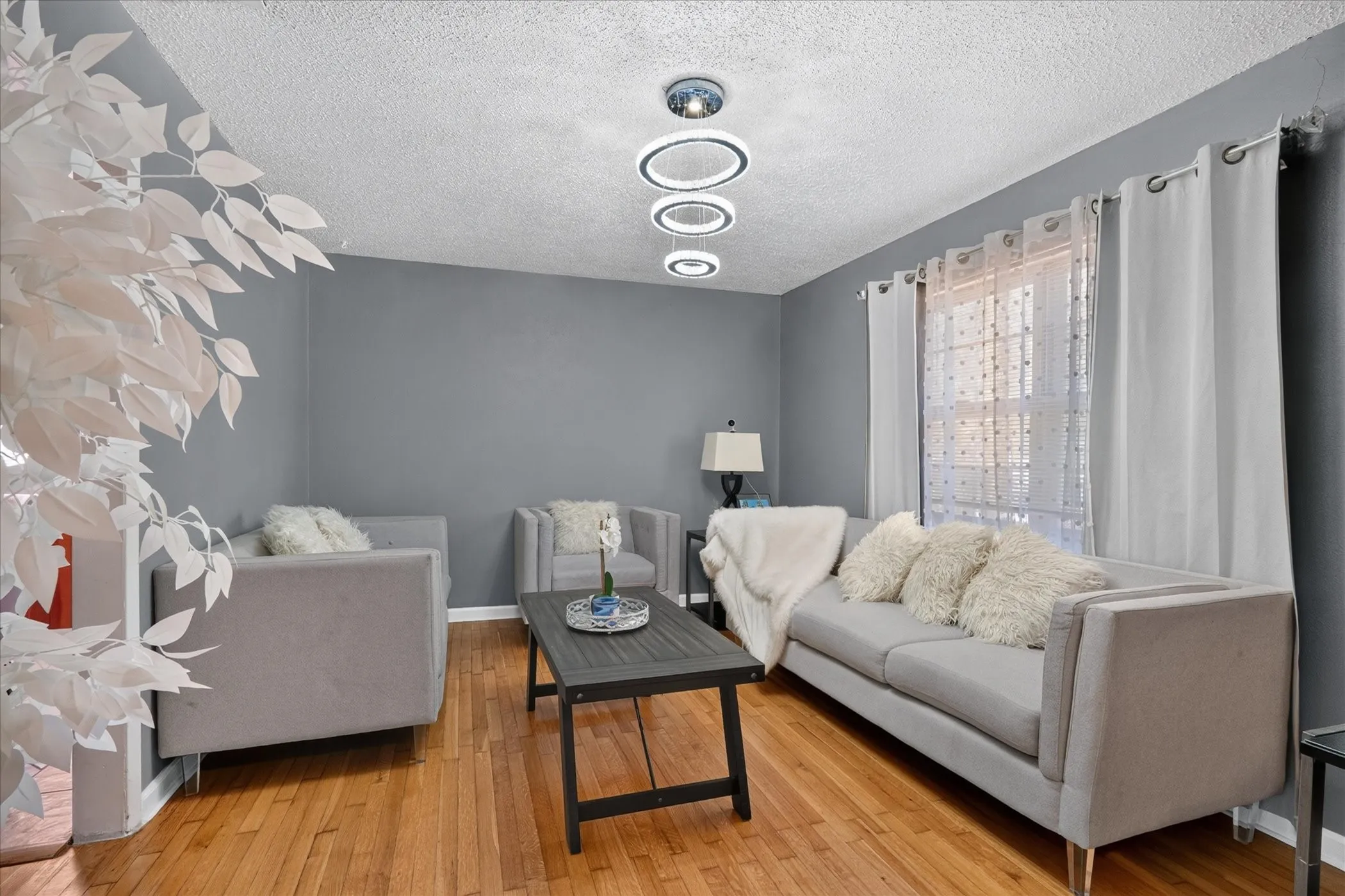 Hardwood flooring throughout, modern circular flush-mount lighting, neutral wall paint, and window with sheer and blackout curtains