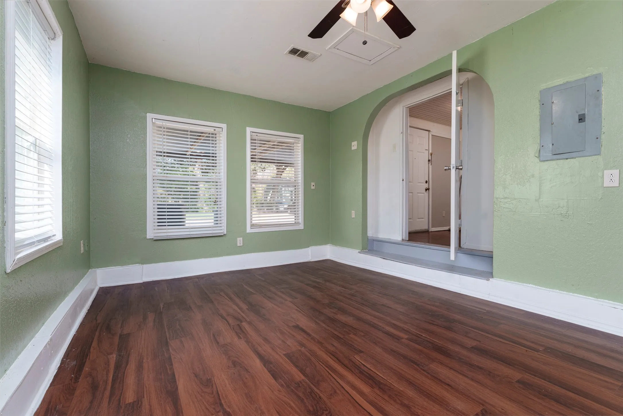 Wood-finish flooring with white trim
