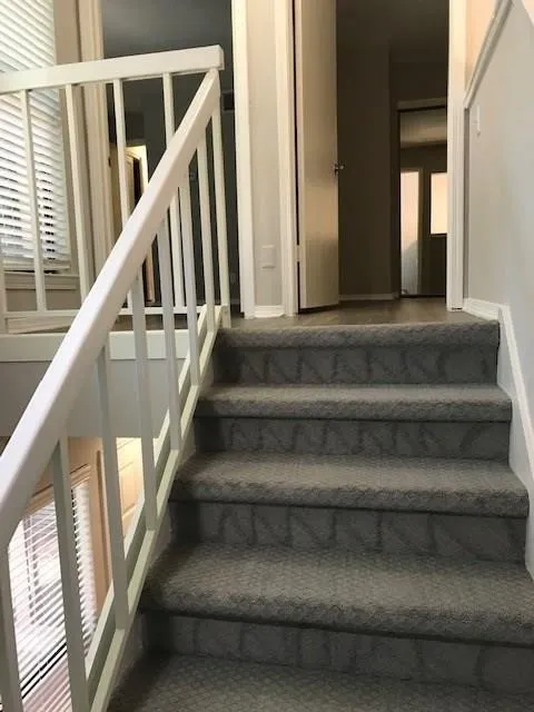 Staircase featuring grey patterned carpeting, white painted handrails, and white painted balusters