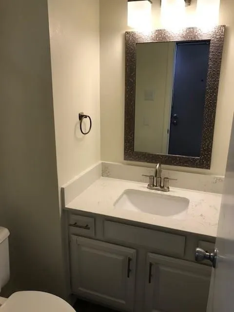 Vanity with an integrated rectangular sink, quartz countertop, and brushed nickel faucet