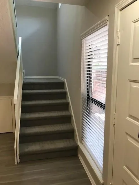 Staircase with carpeted treads and white handrails