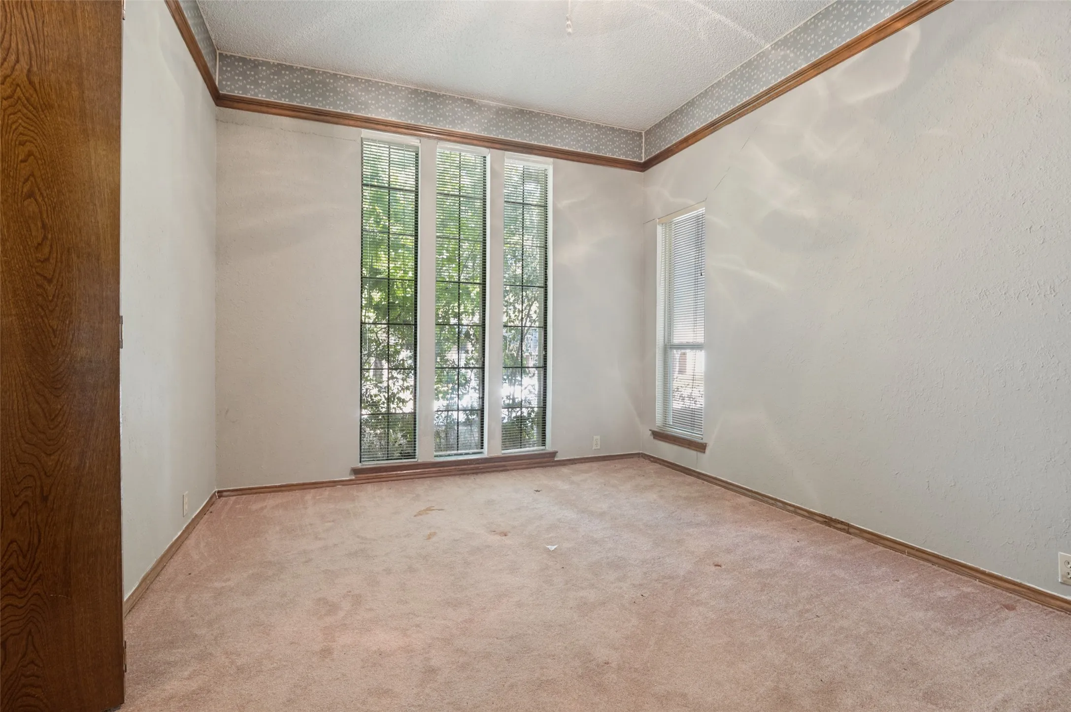 Expansive room featuring multiple windows, a wood door, and wood trim detailing