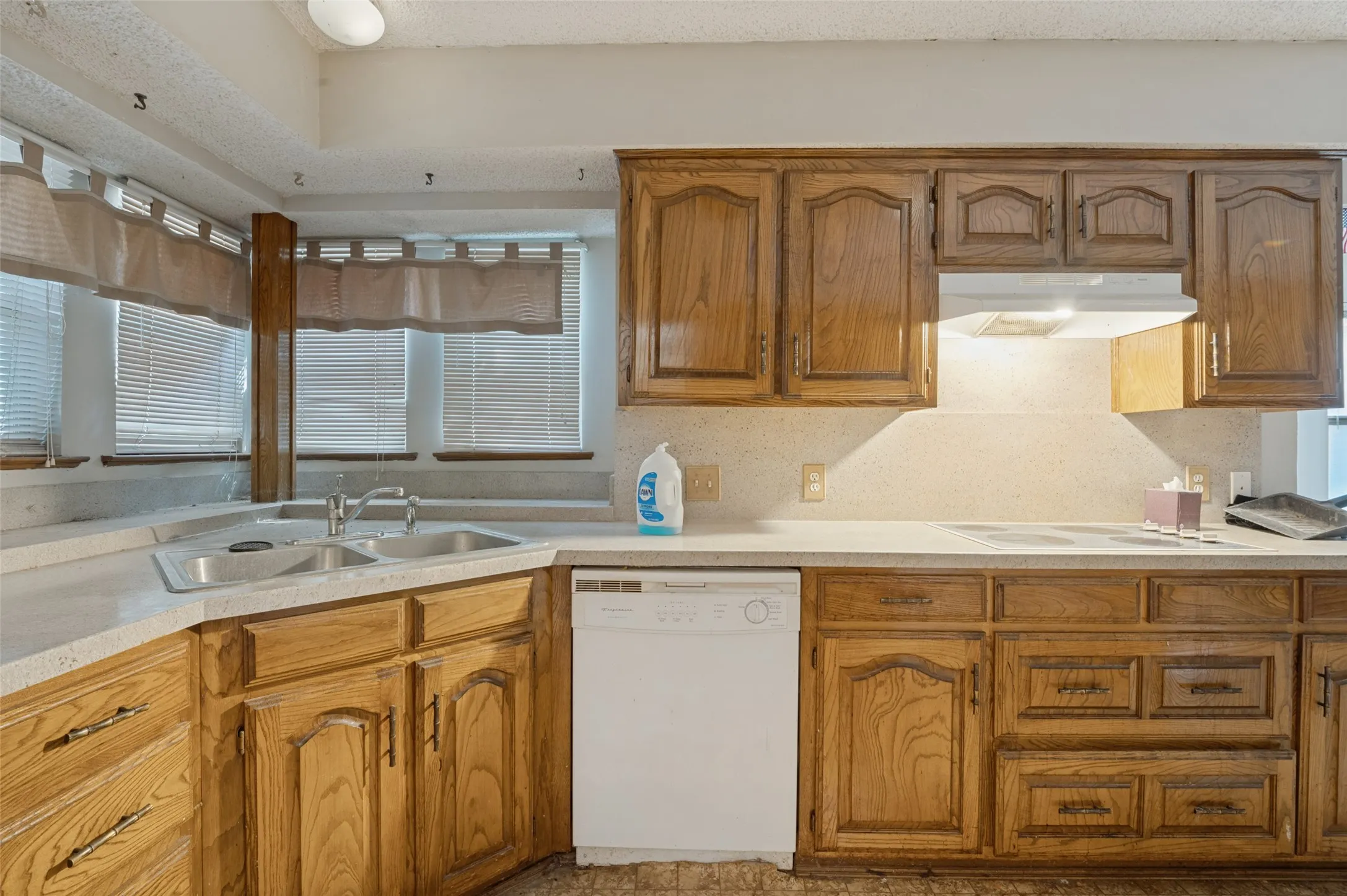 Kitchen featuring wood cabinetry, light-toned countertops, a double basin sink, and a built-in dishwasher