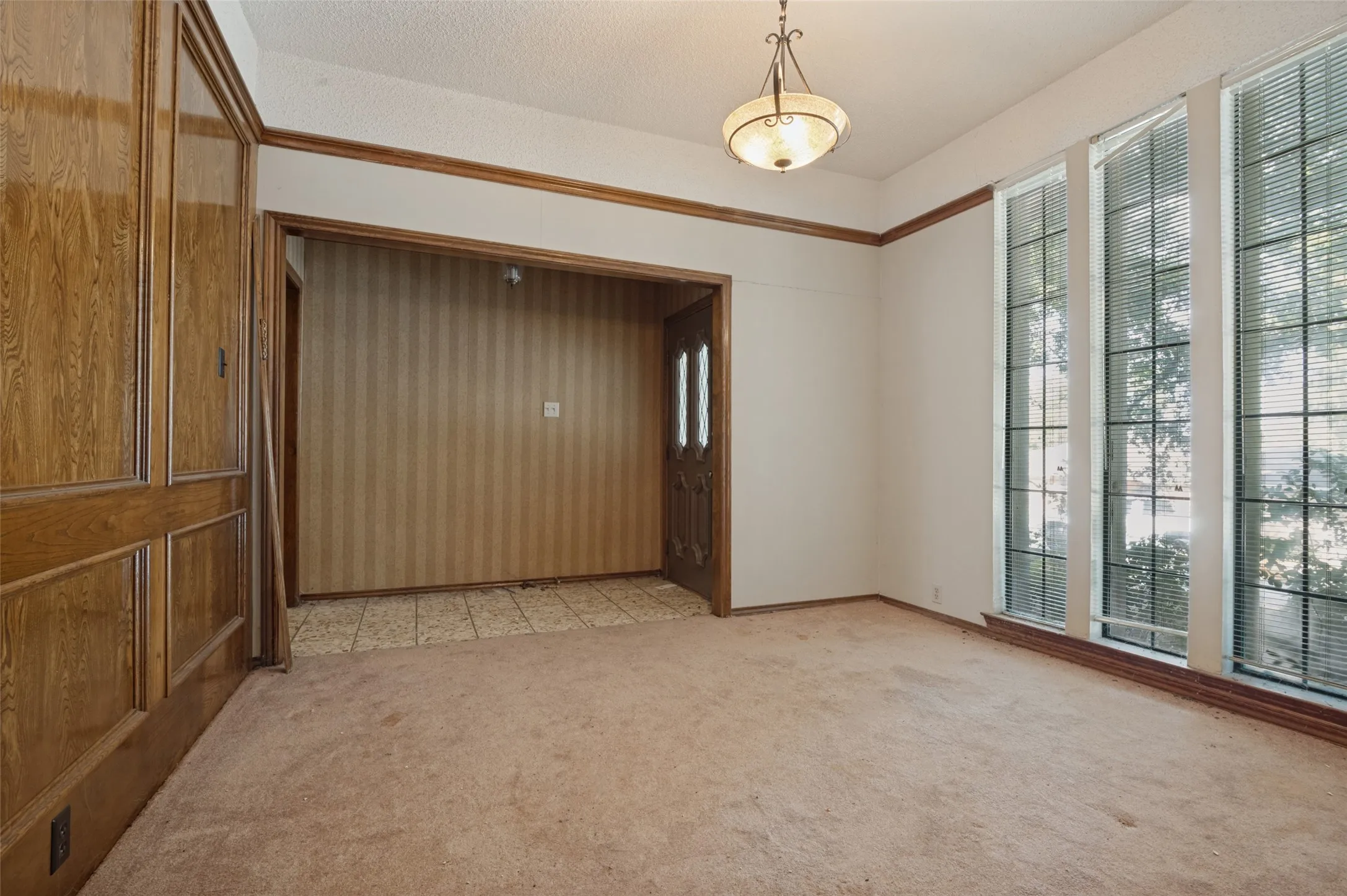 Wood-paneled wall, recessed entry, full-light entry door with sidelights, three tall windows with blinds, and a traditional ceiling fixture