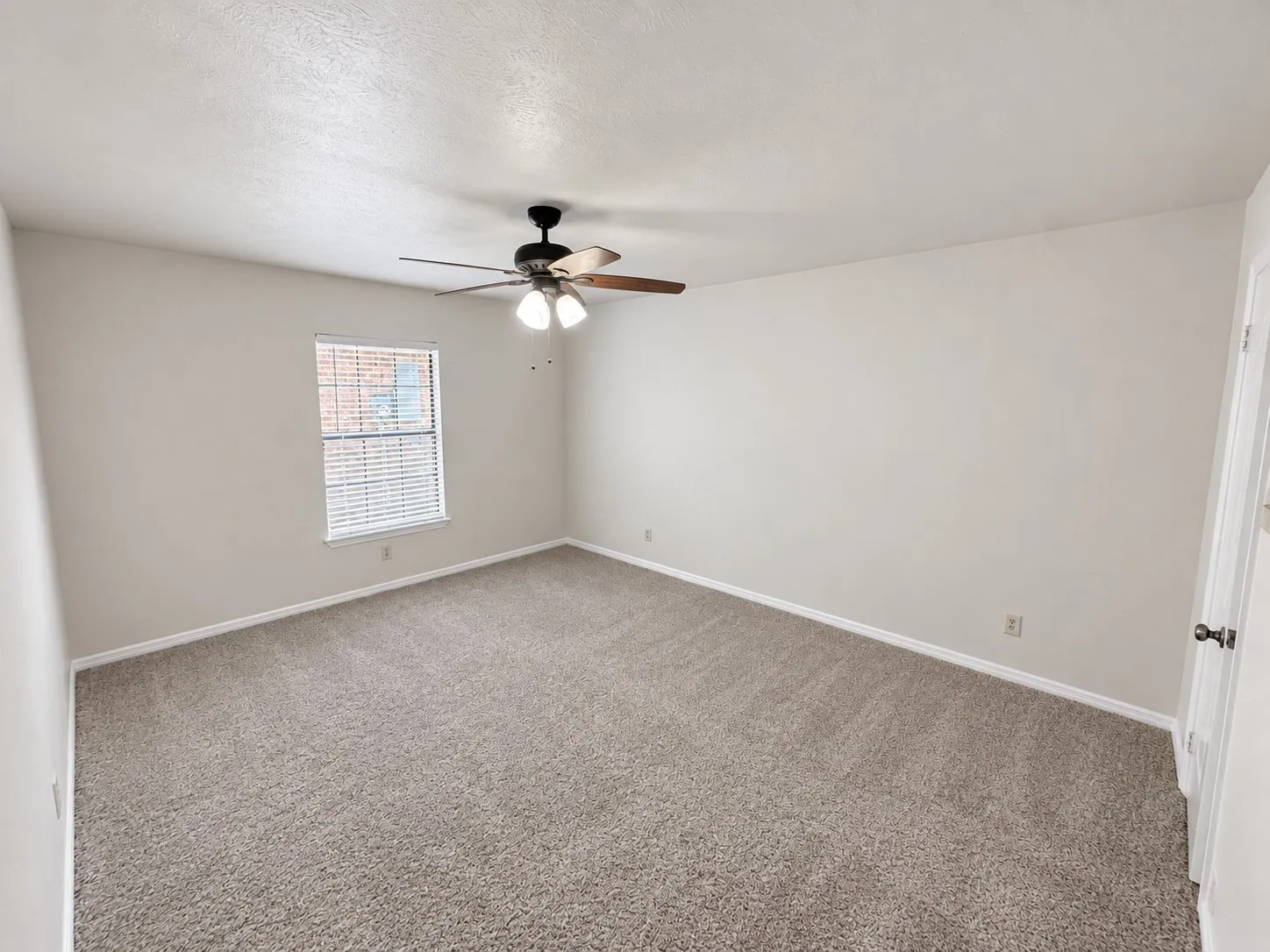Neutral-toned walls complement the textured carpeting