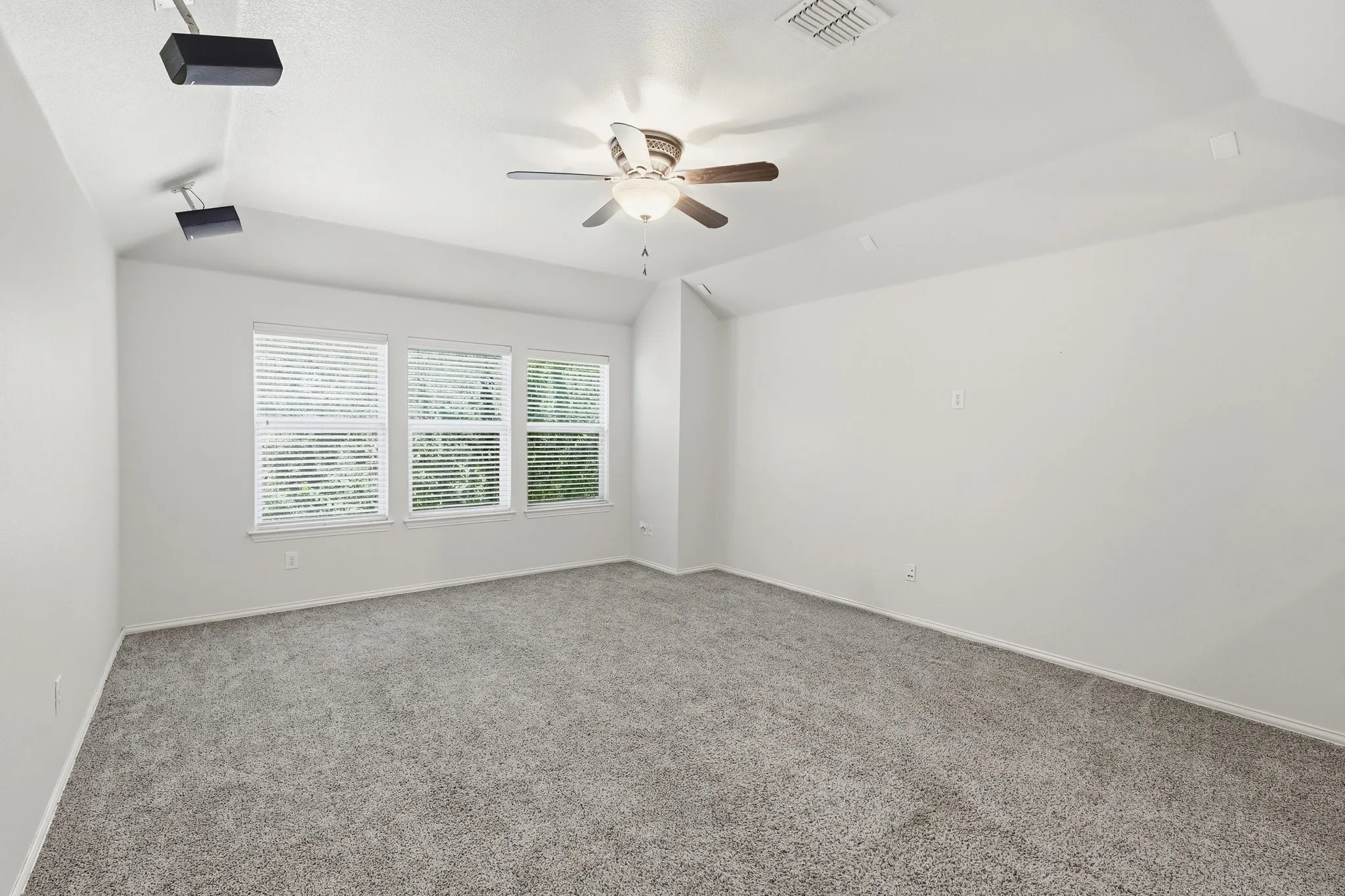 Vaulted ceiling, three windows with blinds, ceiling fan and neutral carpeting