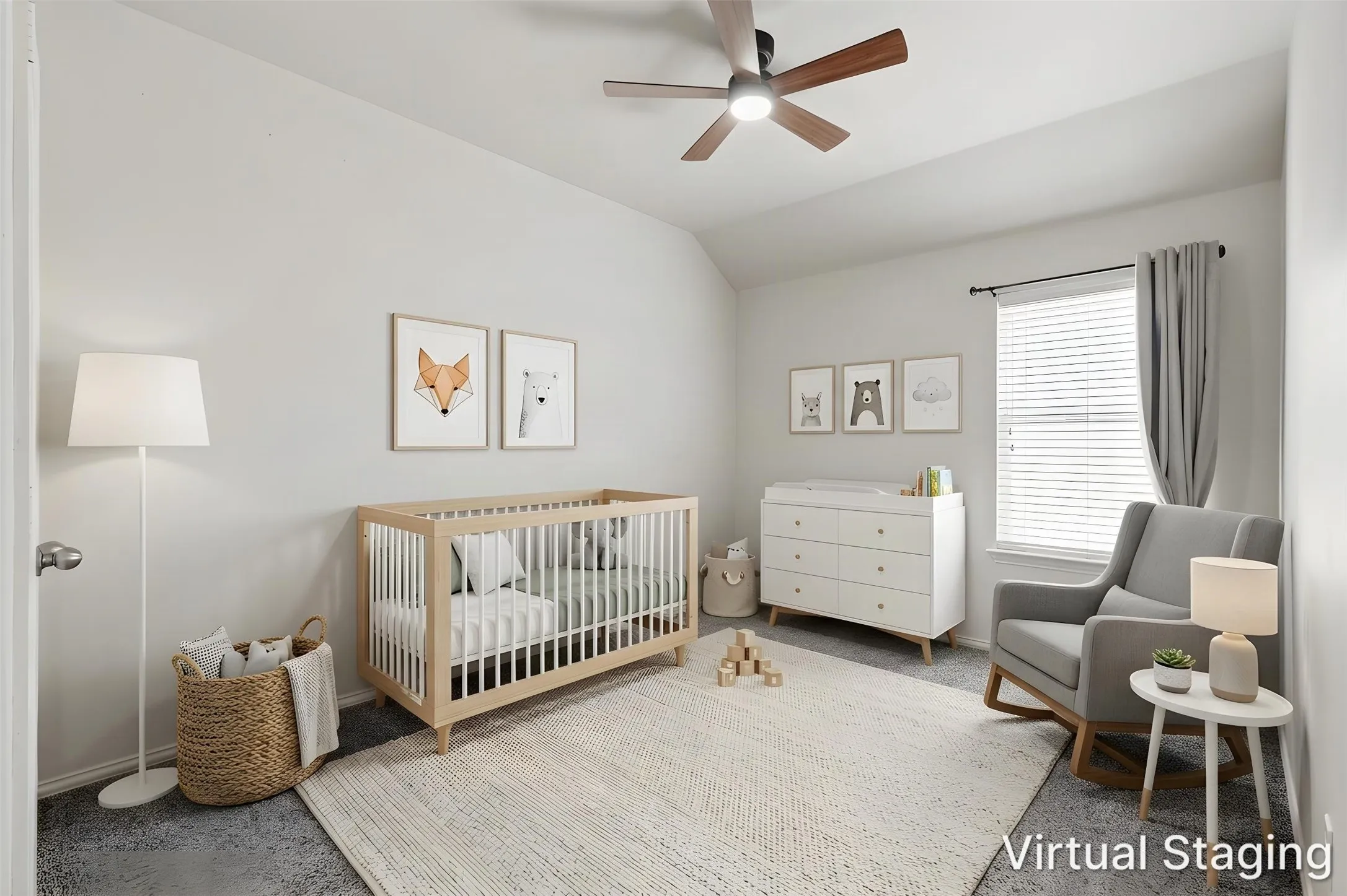 Angled ceiling, recessed window, white blinds, and a ceiling fan with integrated lighting