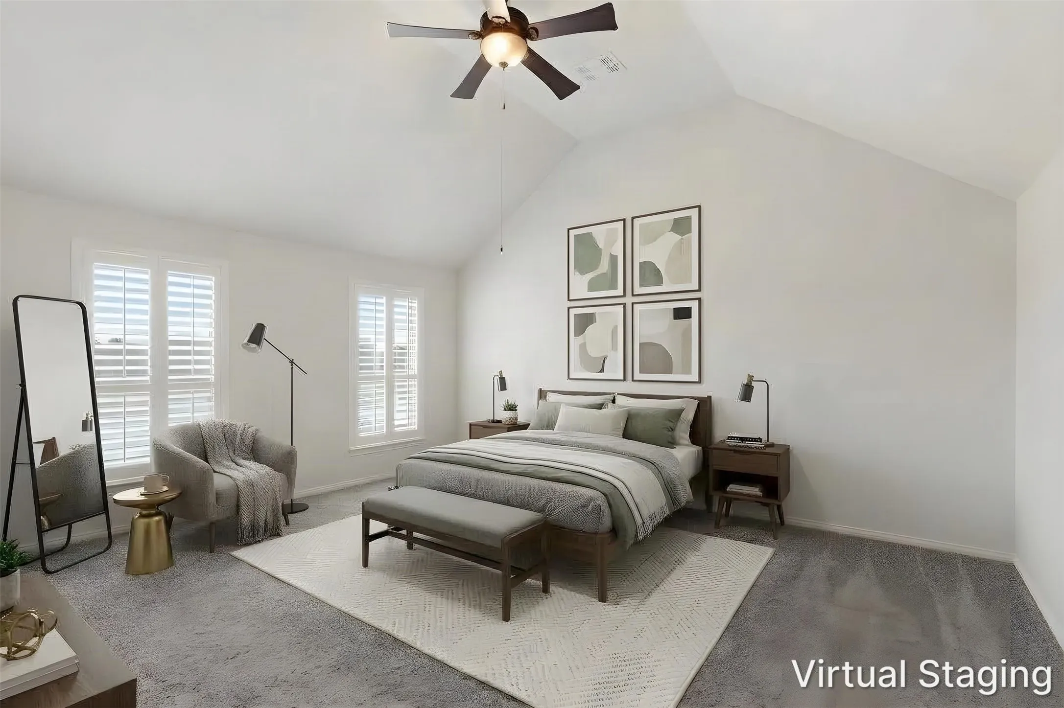 Vaulted ceiling, ceiling fan with integrated lighting, two windows with plantation shutters, carpeted flooring, and neutral wall tones