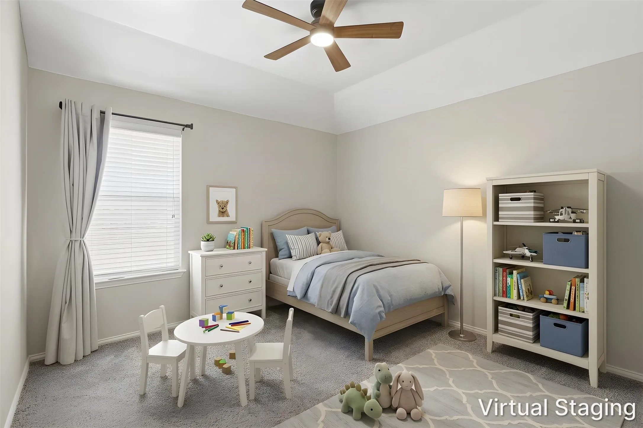 Recessed ceiling with a wood-finish ceiling fan, neutral wall paint, window with blinds, and carpeting