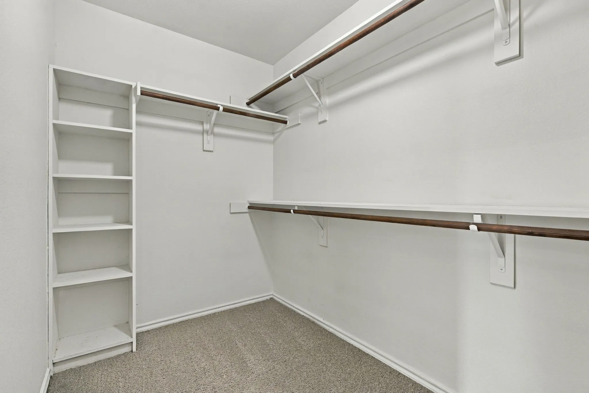 Built-in shelving, multiple hanging rods, wall-mounted shelving, and carpet flooring