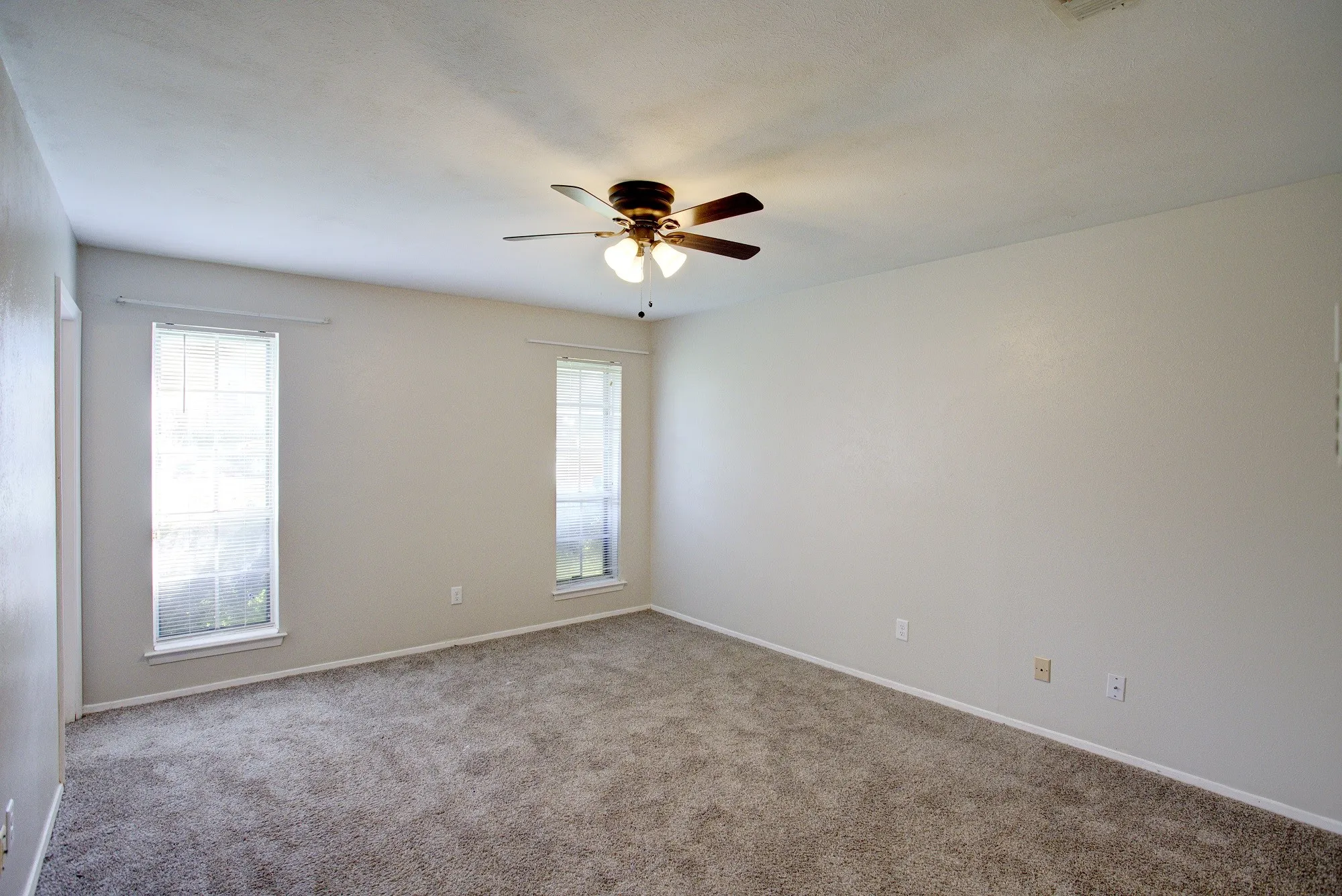 Expansive room featuring neutral-toned carpeting, two vertical windows, a ceiling fan, and light-colored wall finishes
