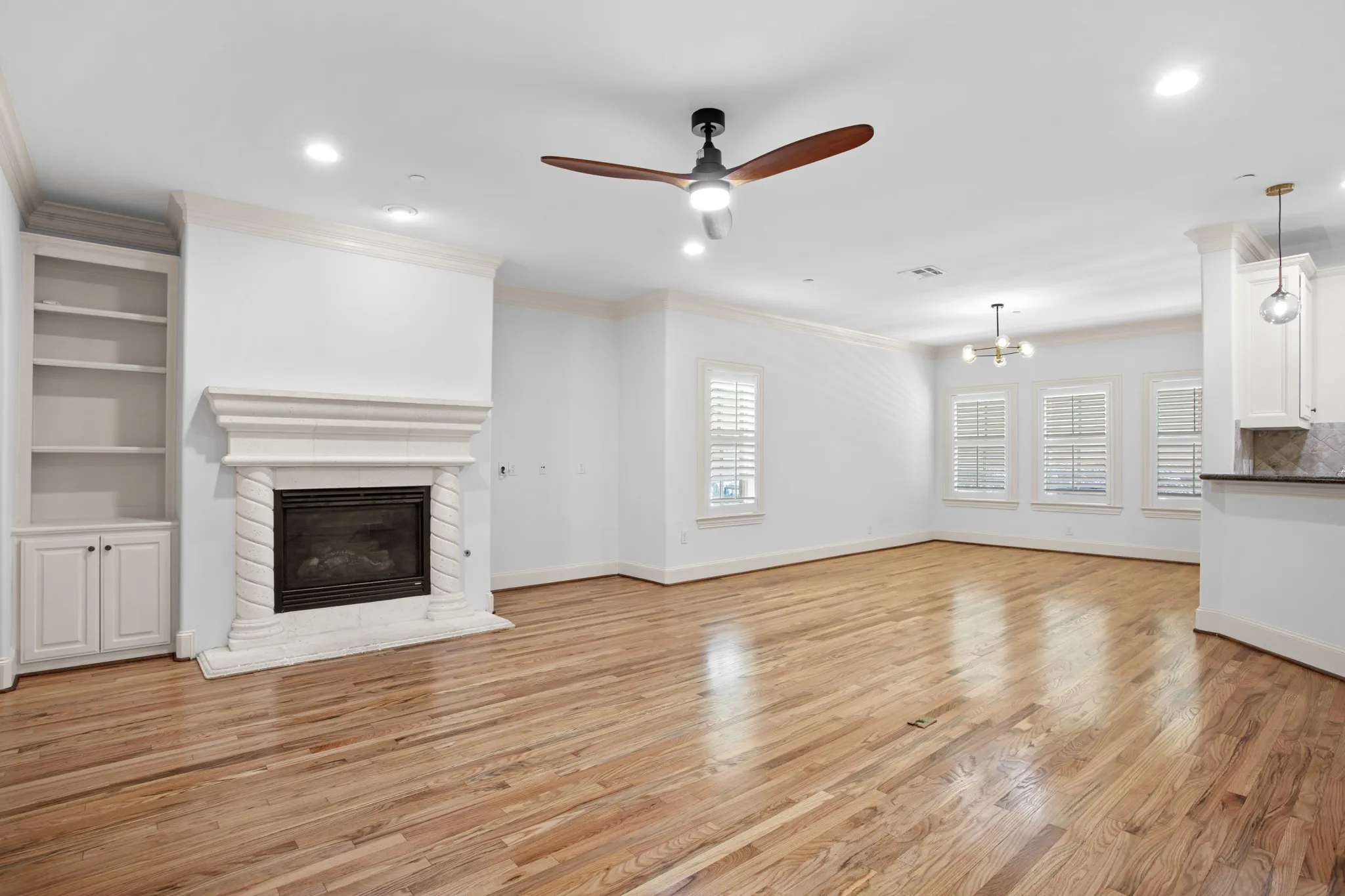 Living area with gas fireplace and dining area