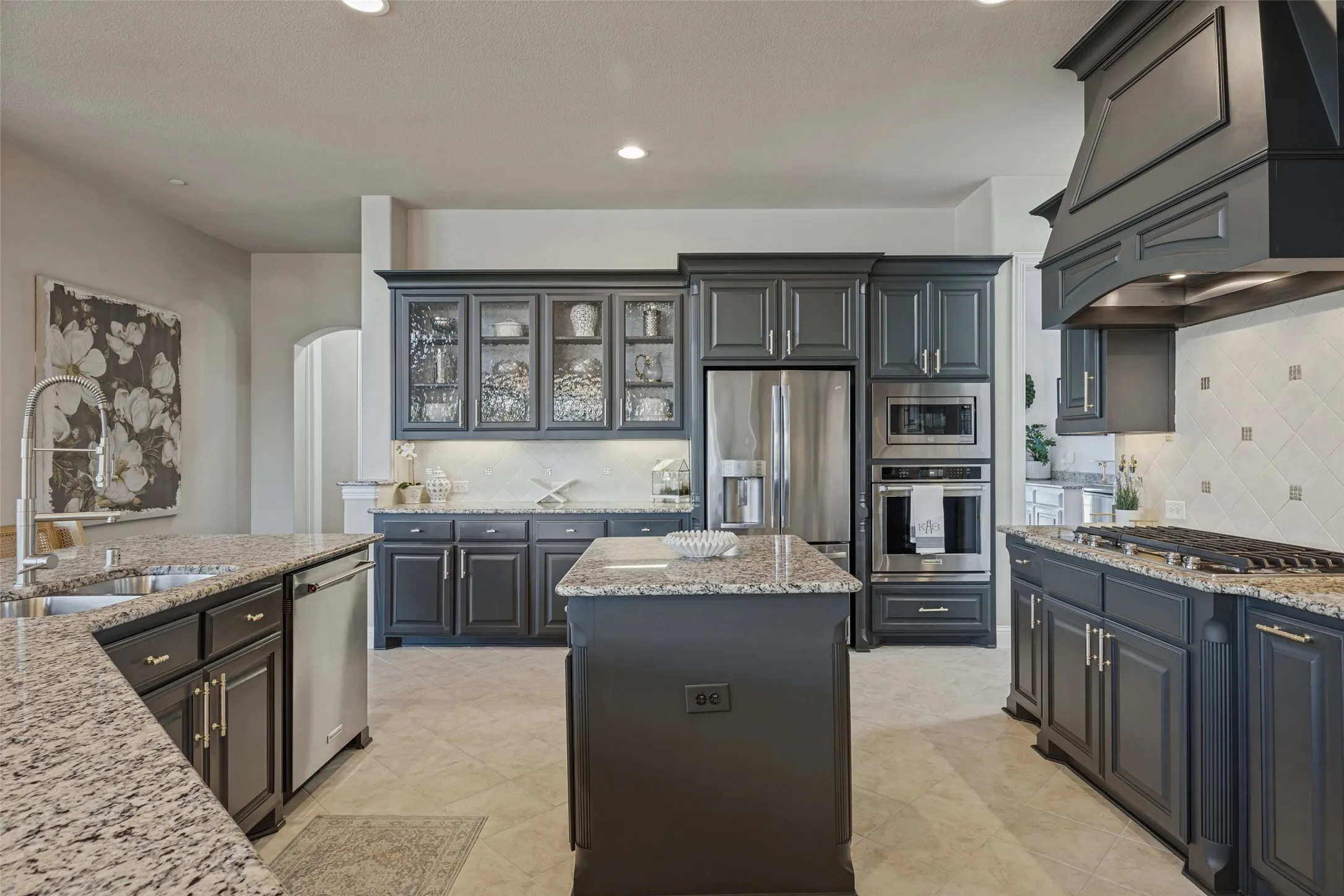 Long countertop bar and prep island