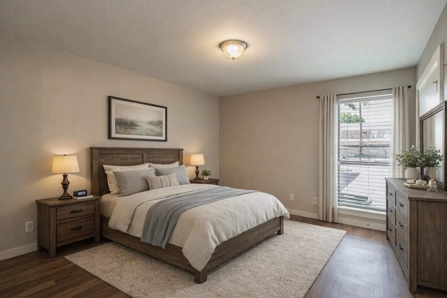 Wood-finish flooring with a neutral wall color, recessed window with blinds, and a semi-flush ceiling light fixture