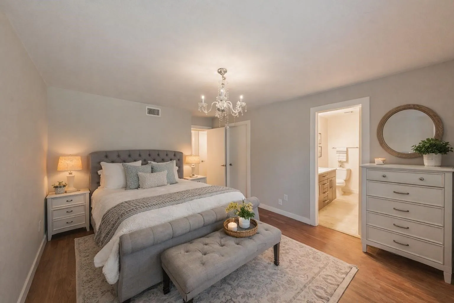 Wood-finish flooring with light neutral wall tones