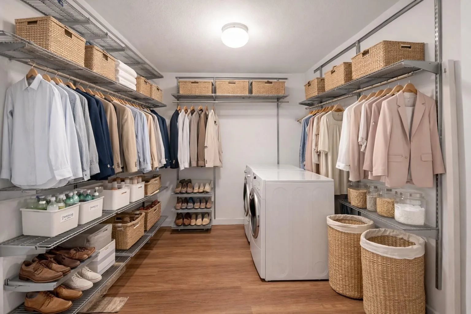 Dedicated laundry space featuring a side-by-side washer and dryer set, extensive wire shelving, multiple hanging rods, and wood-finish flooring