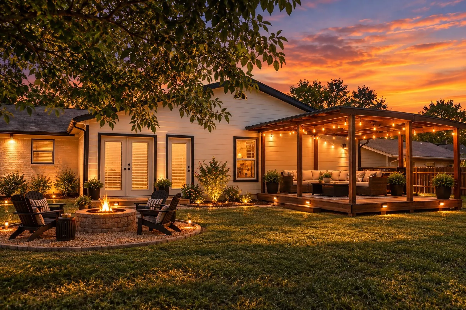 Expansive backyard featuring a built-in fire pit with gravel surround, a covered wooden deck, and extensive outdoor lighting