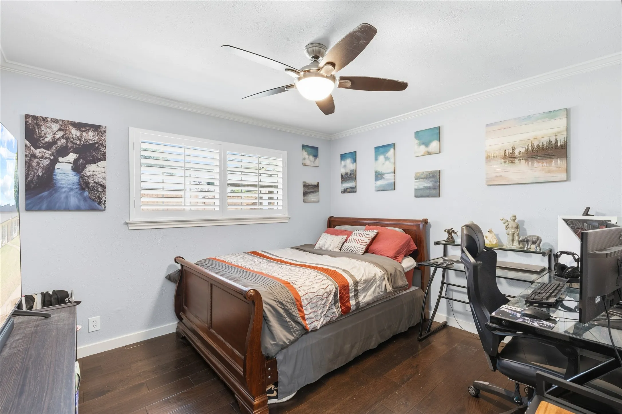 Dark wood-finish flooring with light-toned walls