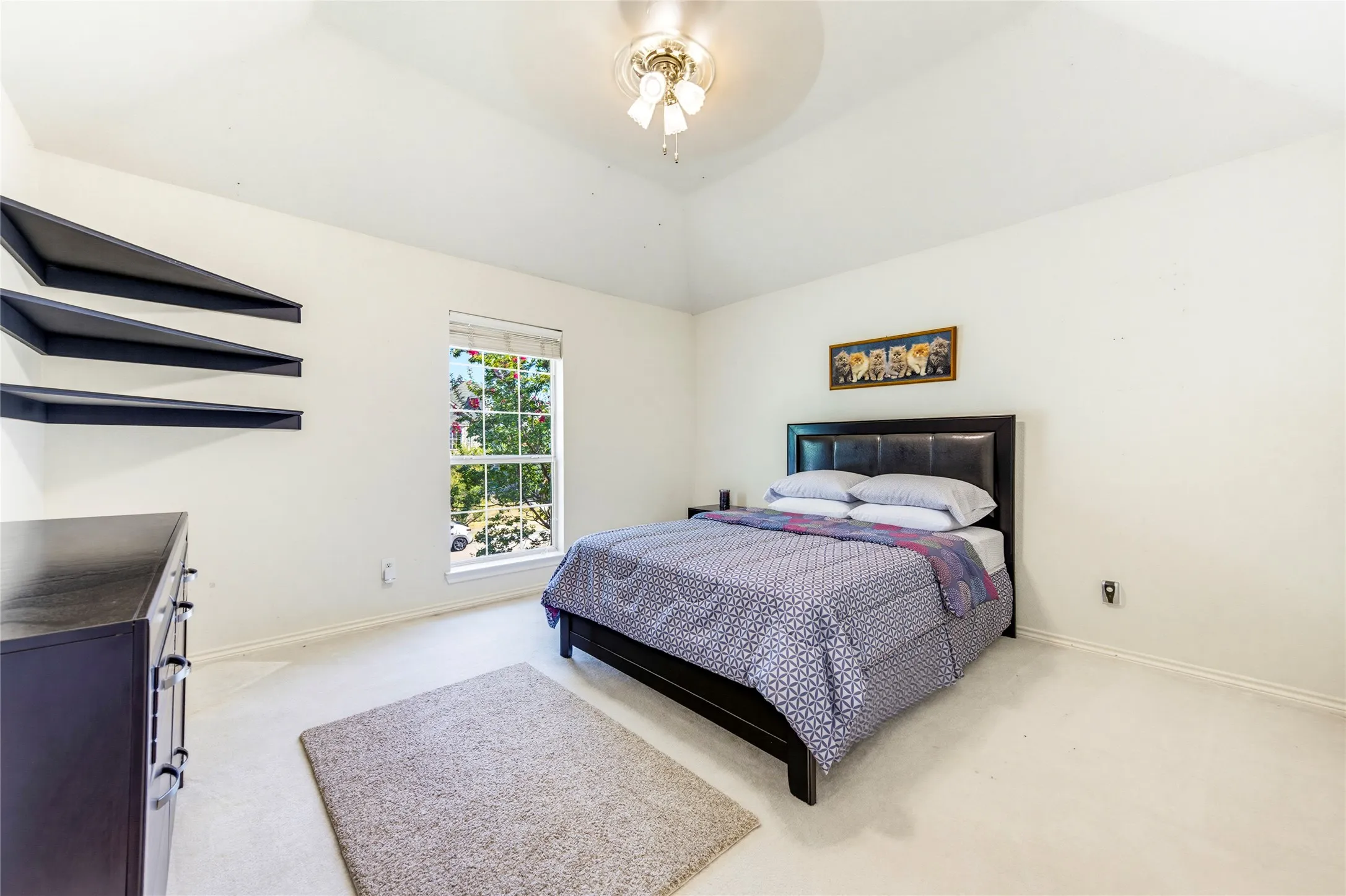 Great size 3rd bedroom with vaulted ceiling, a ceiling fan, window for tons of light, and three wall-mounted shelves for your convenience....
