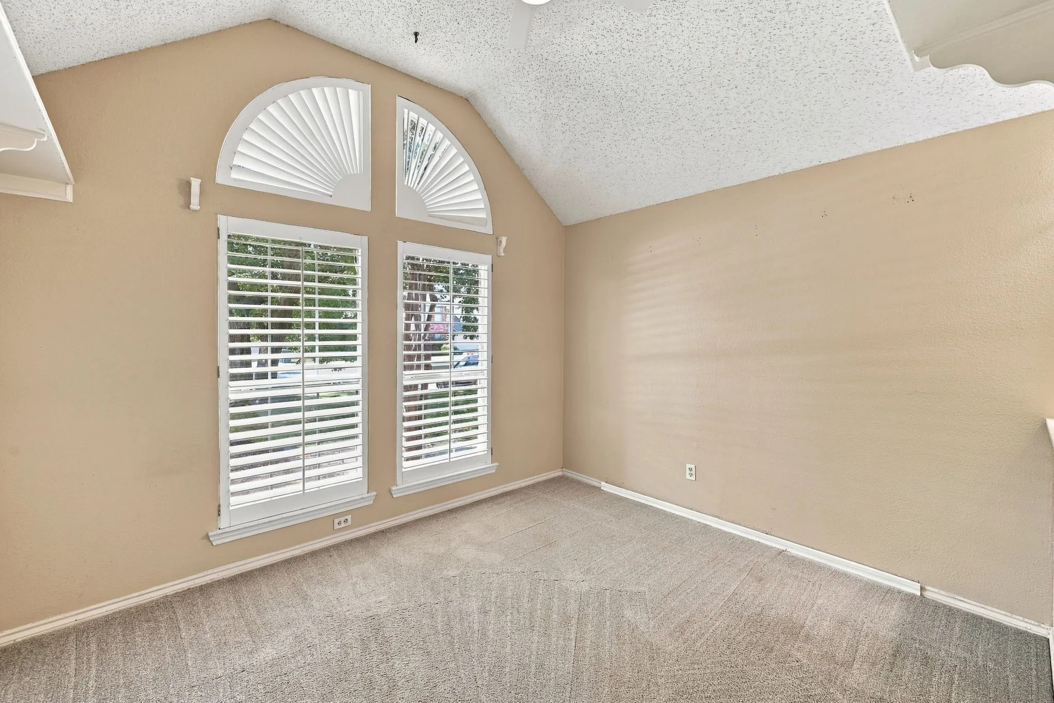 Vaulted ceiling, arched transom windows, plantation shutters, and neutral-toned carpeting