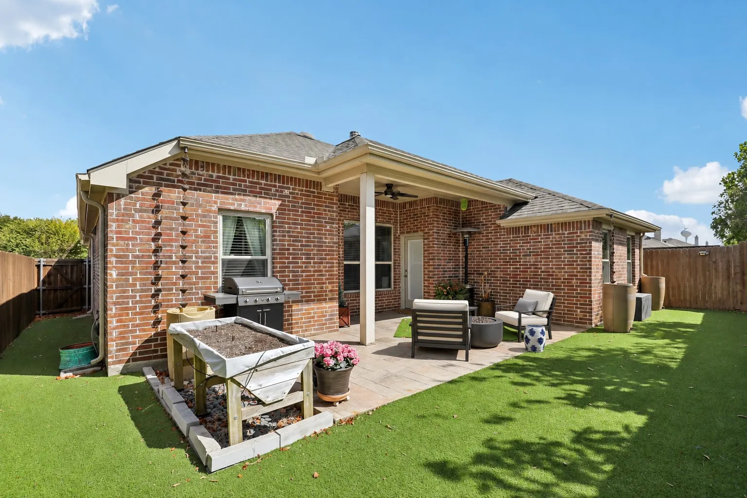 Covered back patio surrounded by privacy fencing.