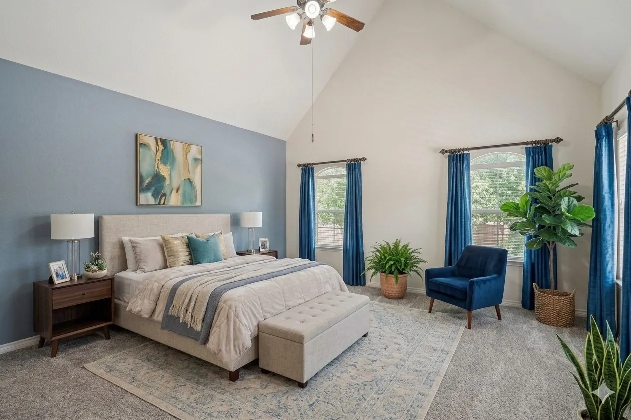 Master Bedroom with vaulted ceiling with an attached ceiling fan, arched windows, and soft gray carpeting