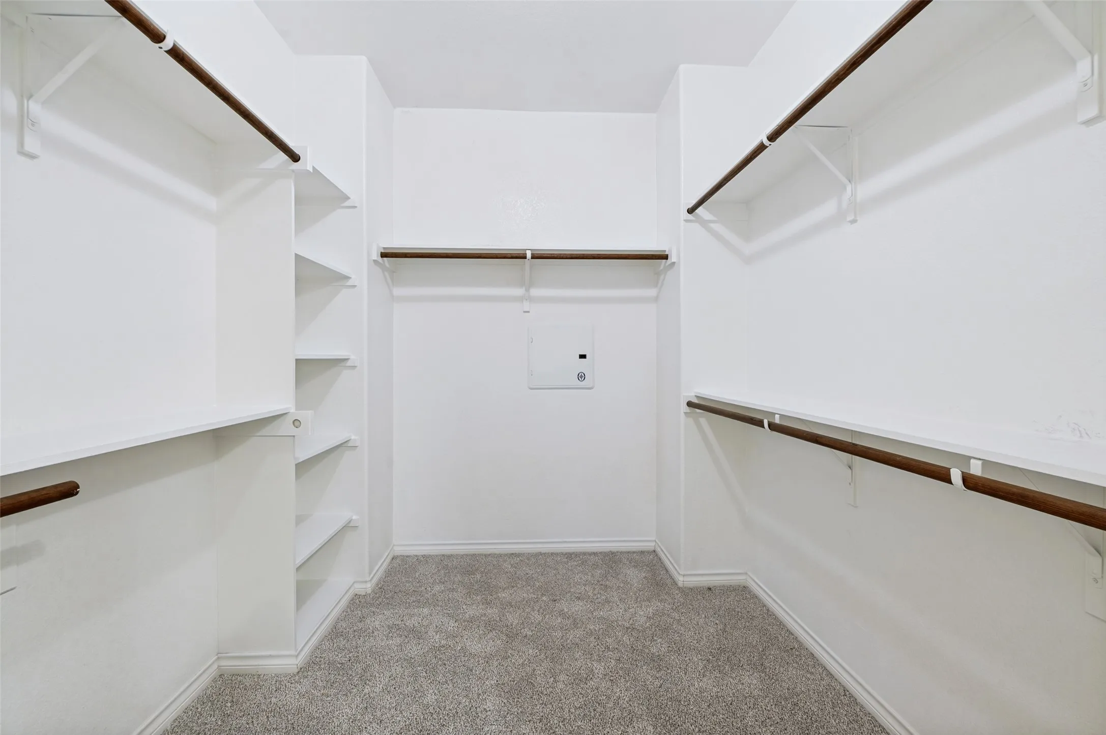 Walk-in master closet featuring carpet flooring, built-in shelving, and multiple hanging rods