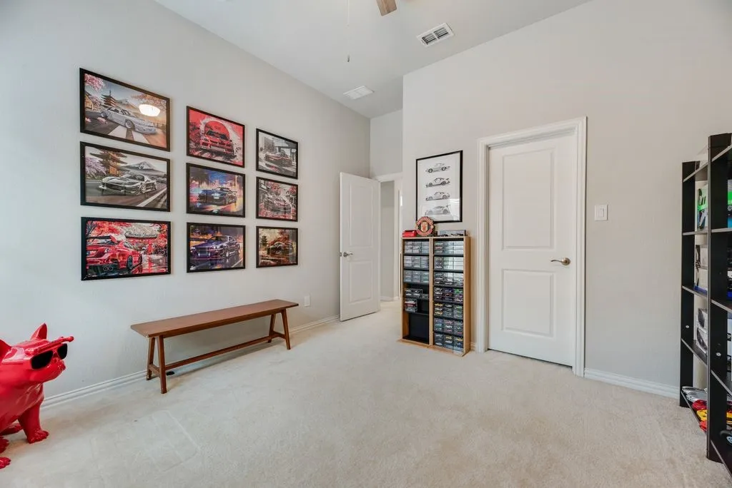 Carpet flooring throughout, light-toned walls, and white trim