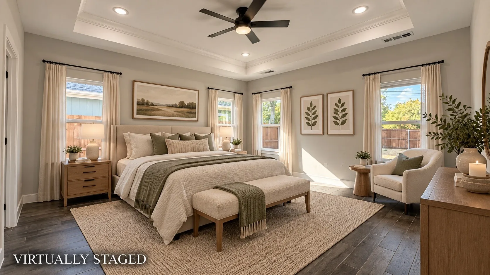 Tray ceiling with recessed lighting and a ceiling fan, wood-finish flooring, and multiple windows