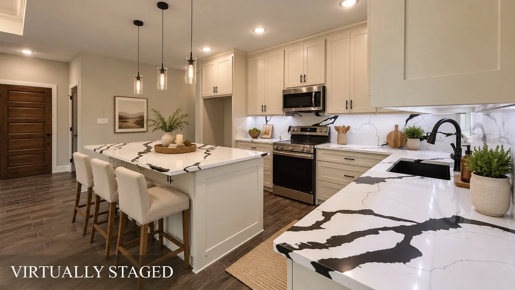 Kitchen featuring an island with pendant lighting, stone countertops, stainless steel appliances, a tile backsplash, and wood-finish flooring