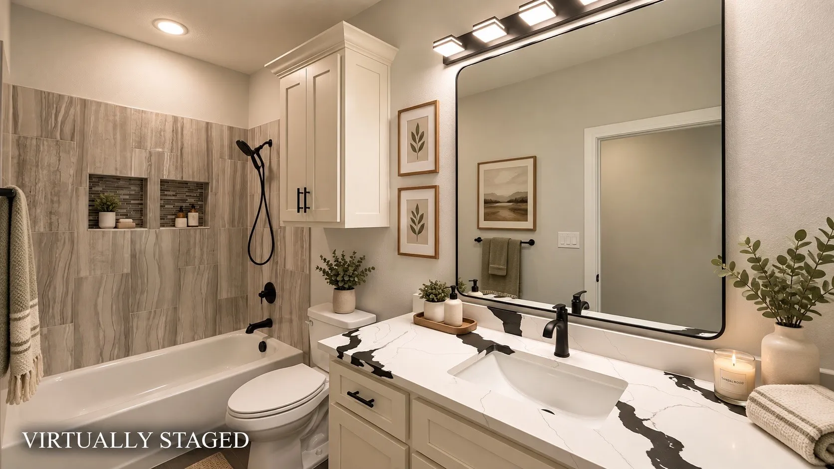 Bathroom featuring a tub/shower combination with tile surround and built-in niches
