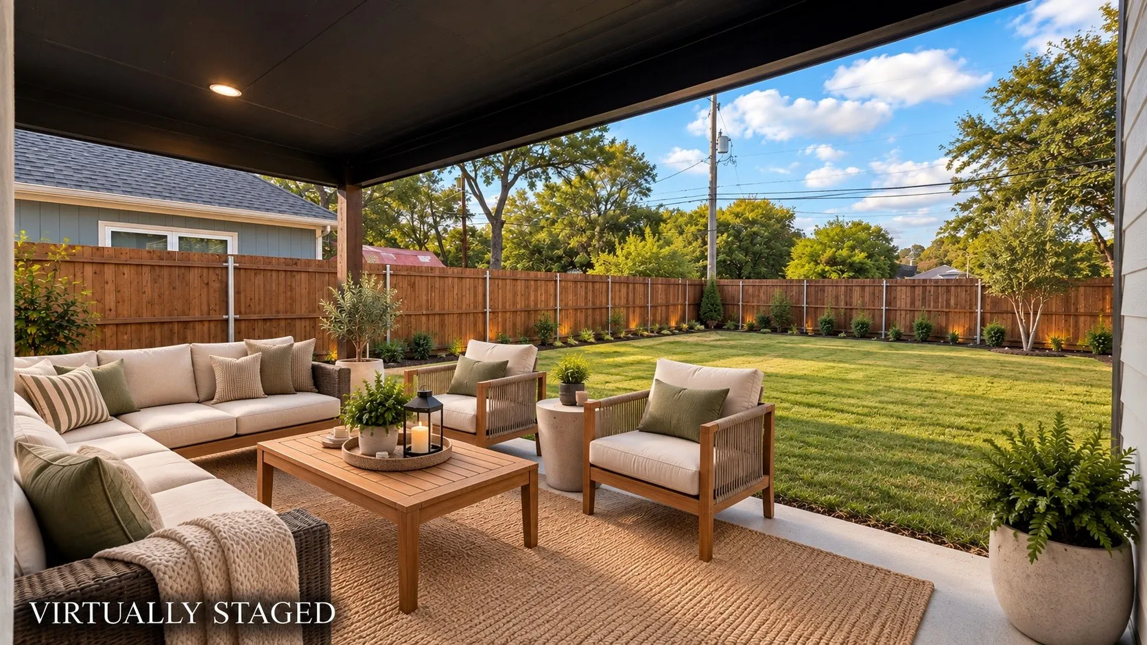 Covered patio with recessed lighting, concrete flooring, and direct access to a fenced backyard featuring a manicured lawn and perimeter landscaping