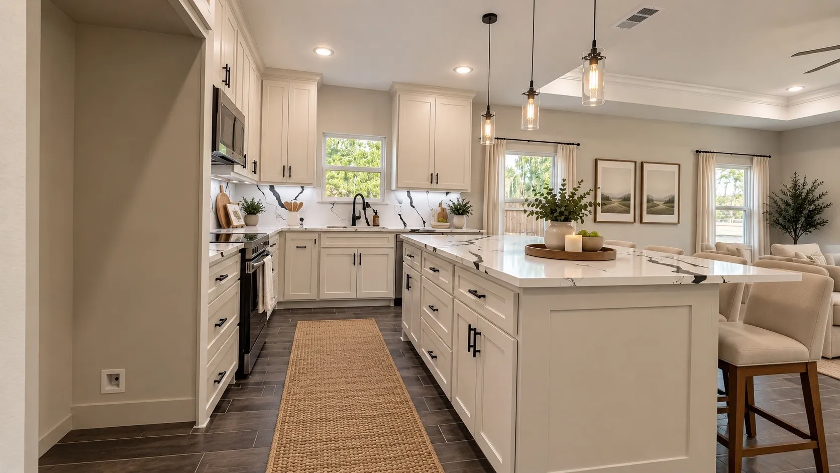 White cabinetry with matte black hardware, integrated appliances, and a solid surface countertop