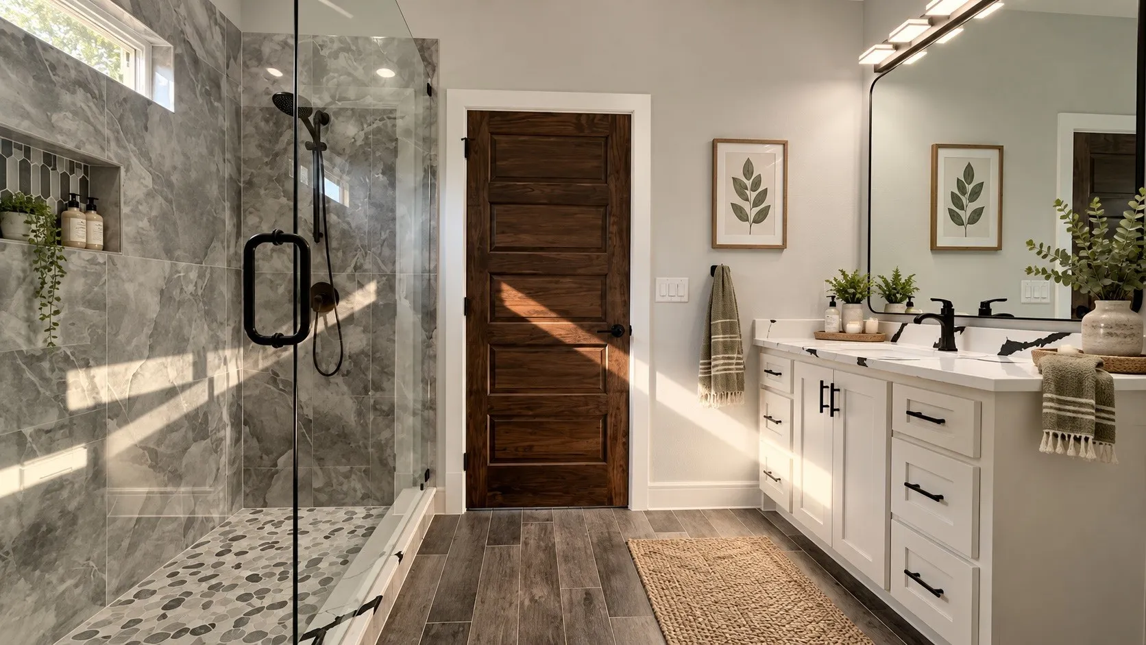 Spacious walk-in shower with gray tile surround and pebble floor, featuring a built-in niche