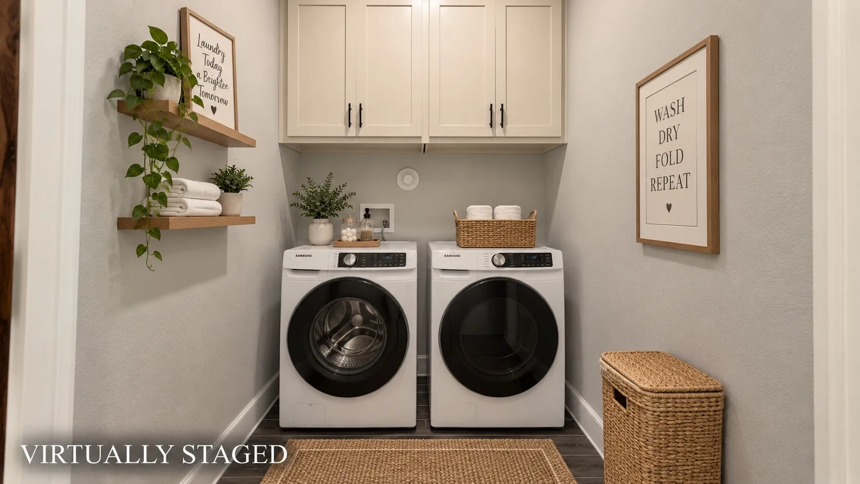 Cream upper cabinetry with dark hardware, two wood-finish floating shelves, light gray wall paint, and wood-finish flooring