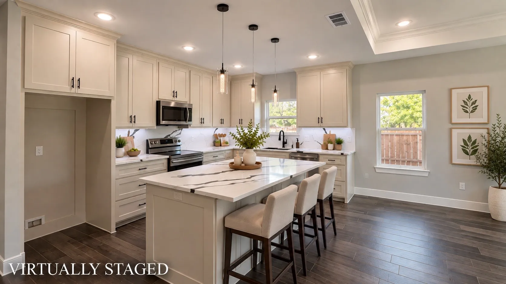 Kitchen featuring an island with a stone-finish countertop, stainless steel appliances, recessed lighting, wood-finish flooring, and light-toned cabinetry